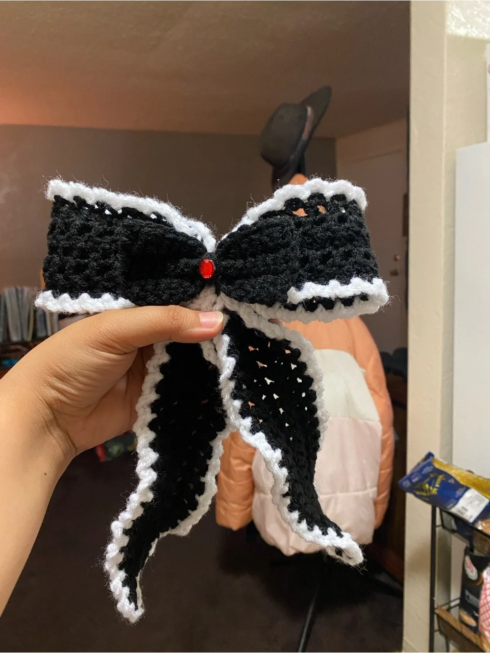 Handmade Black & White Crochet Bow Scarf Accent